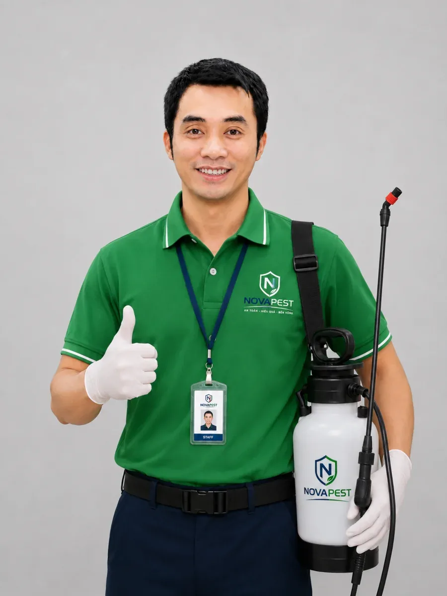 Kỹ thuật viên NOVAPEST trong đồng phục và mang thiết bị phun xử lý
