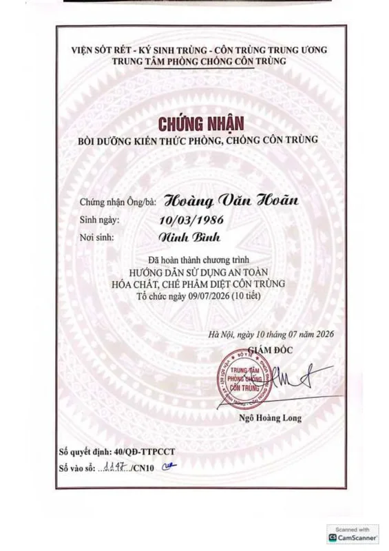 Chứng nhận bồi dưỡng kiến thức phòng, chống côn trùng và hướng dẫn sử dụng an toàn hóa chất, chế phẩm diệt côn trùng