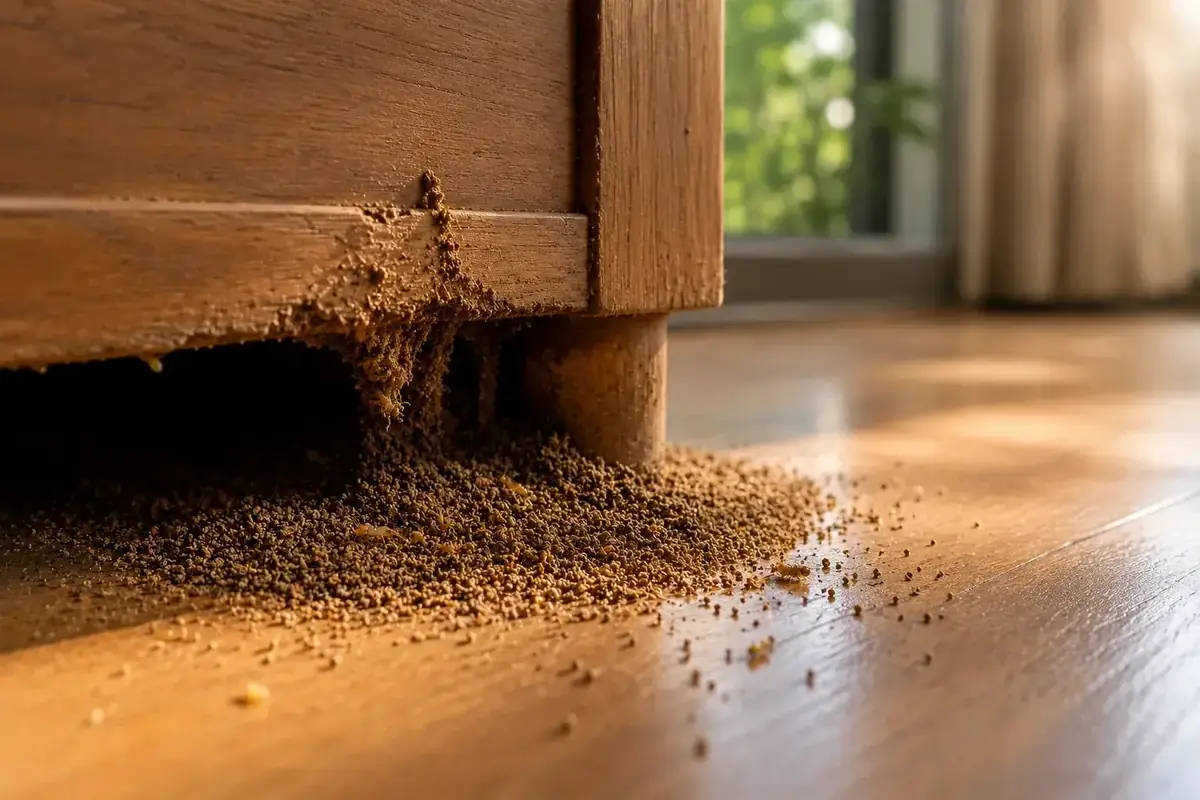 Hạt nhỏ giống mùn gỗ xuất hiện dưới đồ gỗ