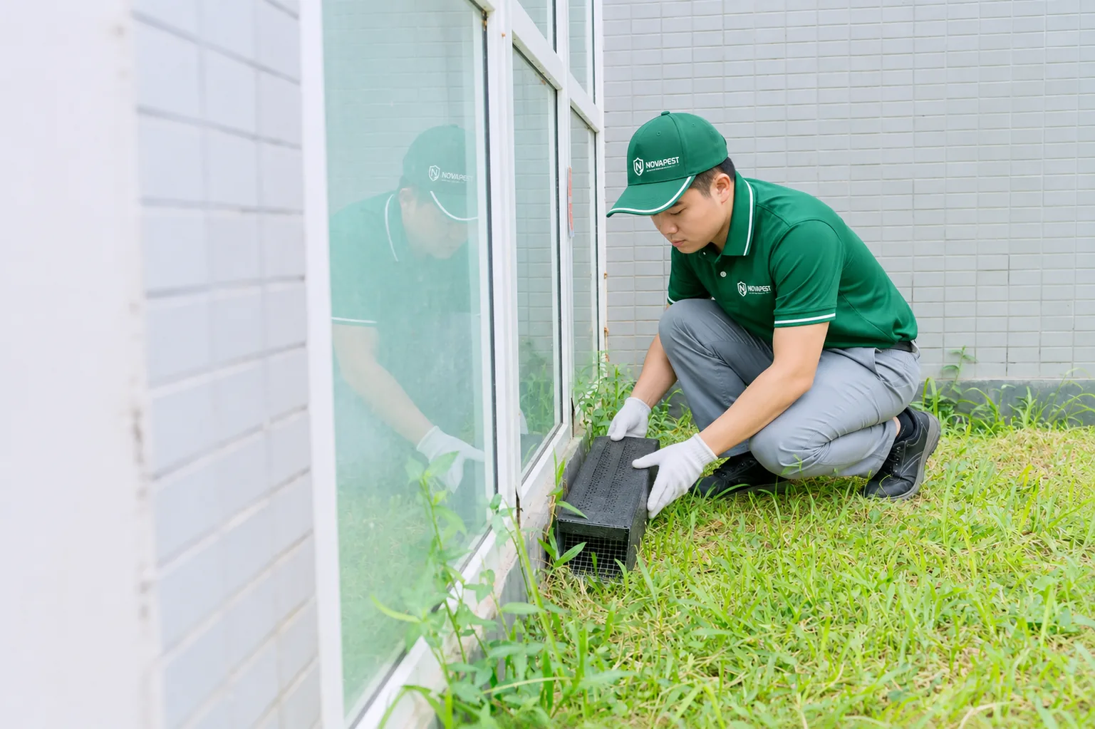 Kỹ thuật viên đặt trạm kiểm soát rắn tại khuôn viên nhà máy