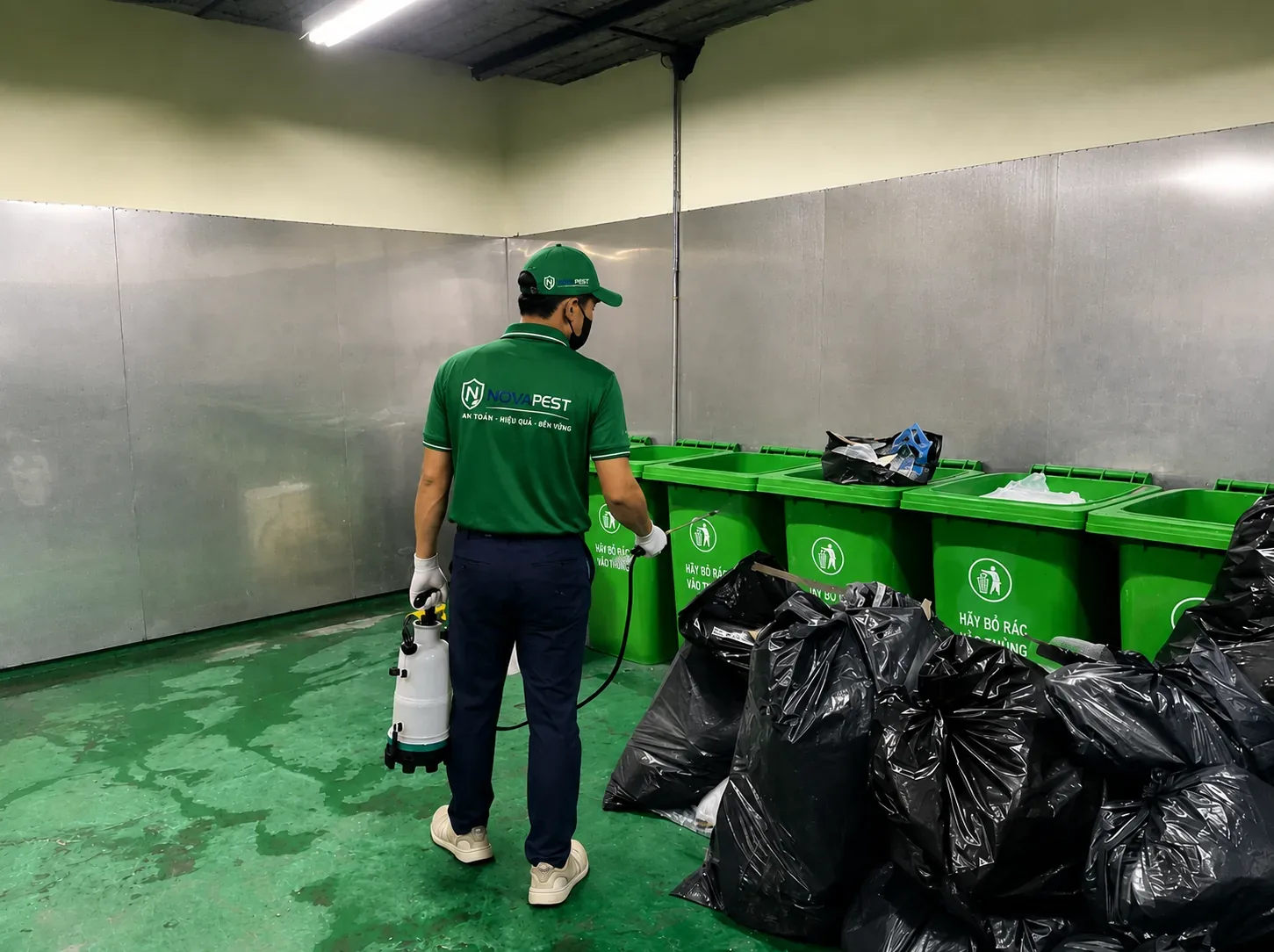 Kỹ thuật viên phun tồn lưu tại khu vực nhà rác