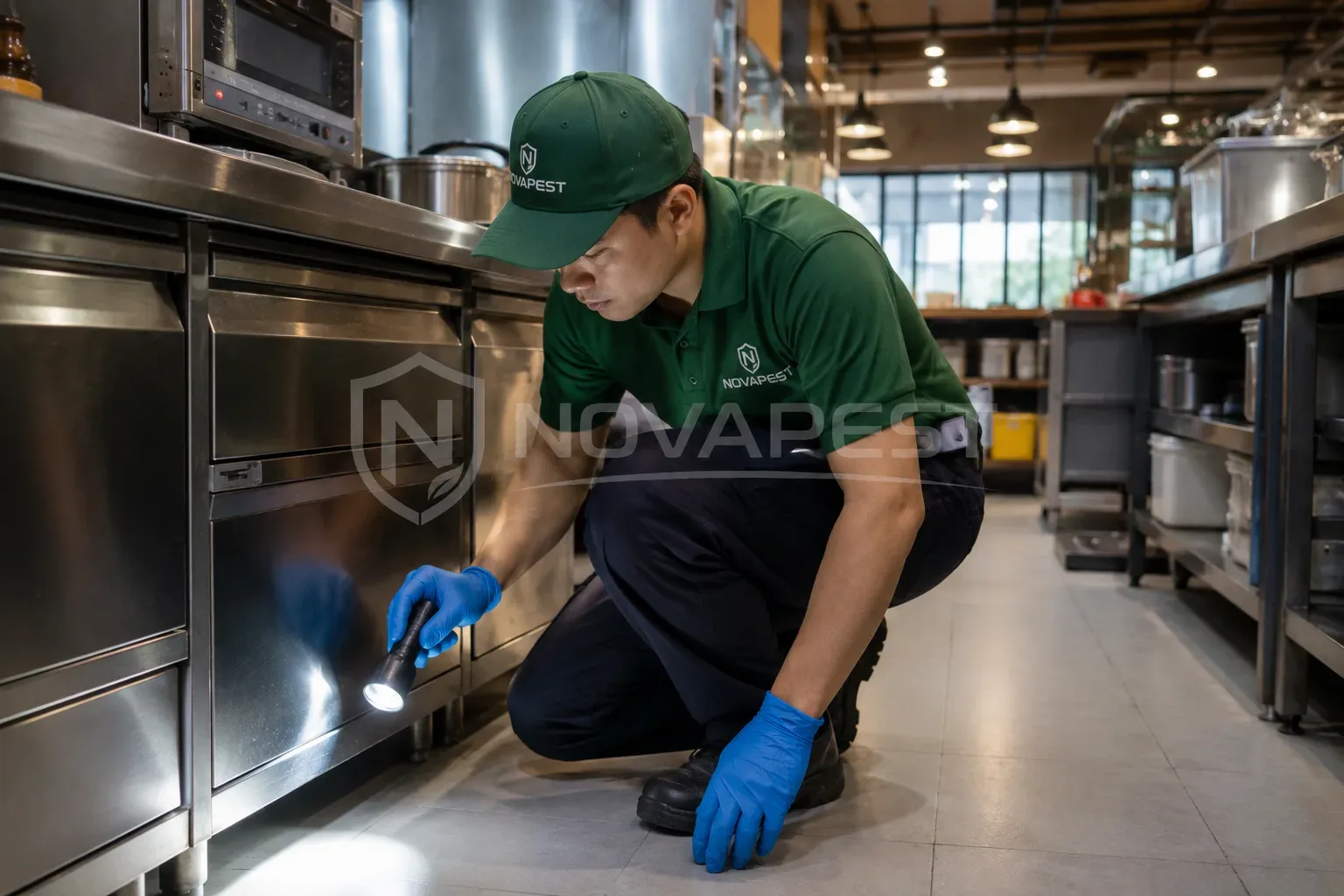 Kỹ thuật viên NOVAPEST khảo sát kiểm soát gián Đức tại cơ sở kinh doanh