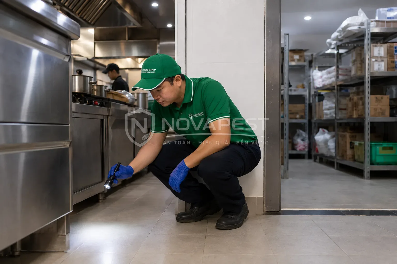 Kỹ thuật viên NOVAPEST khảo sát khu vực đặc thù tại cơ sở kinh doanh